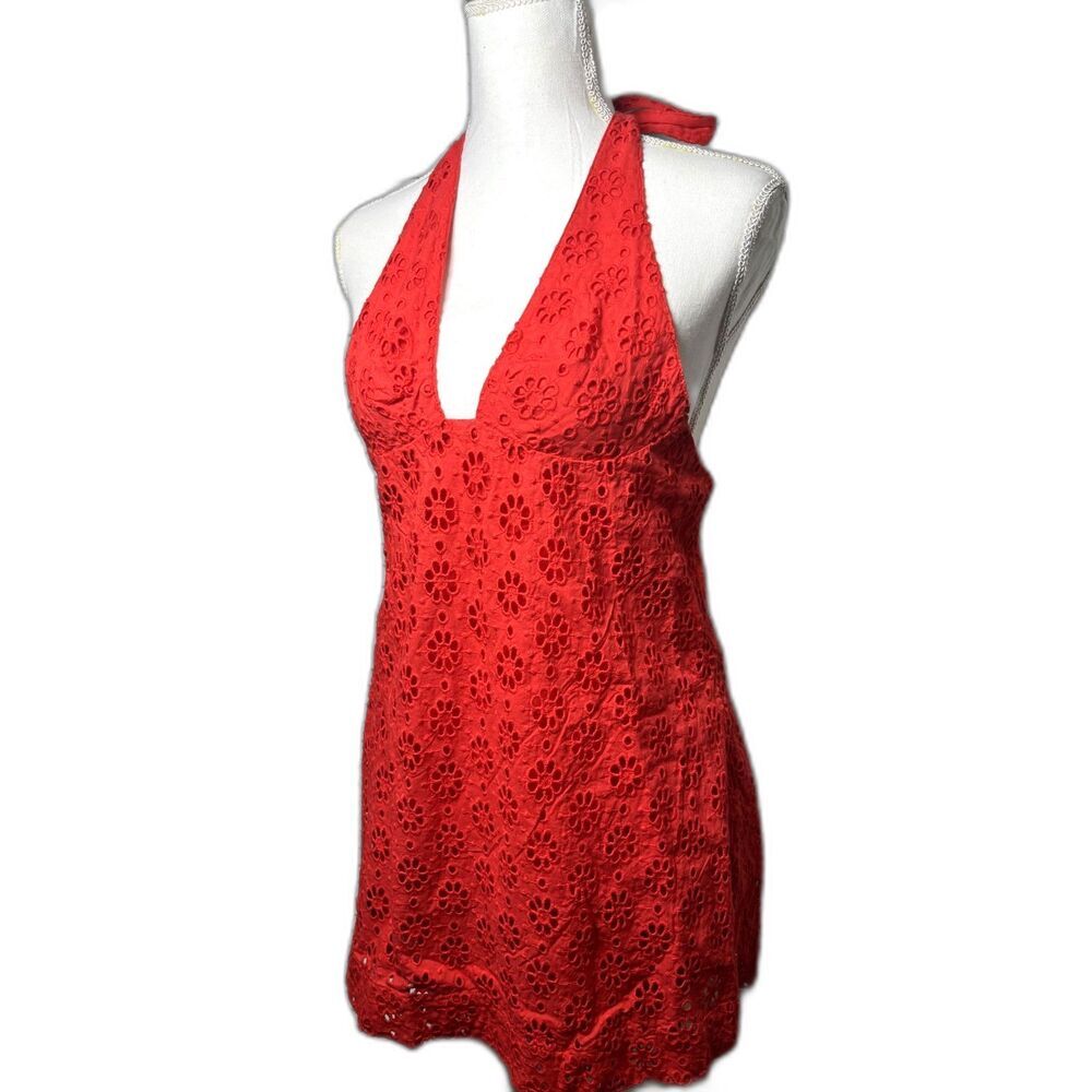 Free People Embroidered Halter 100% Cotton Red Trevi Eyelet Mini Dress Sz L NWT - Picture 4 of 7